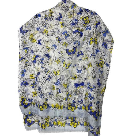 Botanical Butterfly Scarf, White, Blue & Yellow, Floral, Cottage, EUC - Picture 1 of 4
